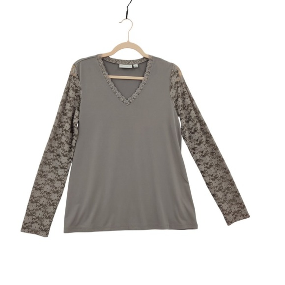 Susan Graver Womens Coquette Romantic Liquid Knit Lace Sleeve Top M Gray V-Neck‎